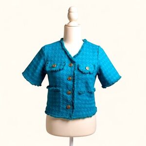 Chic Blue Tweed Cropped Jacket with Gold Buttons – Size S